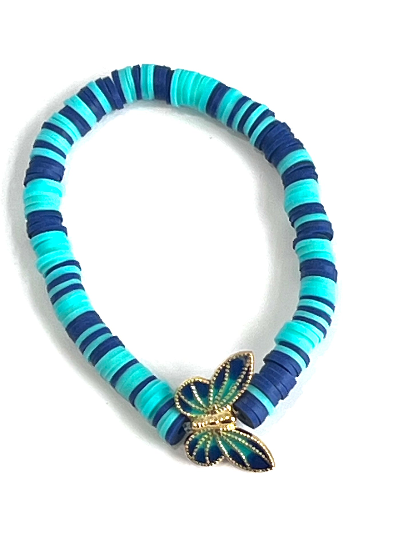 Blue & Turquoise Clay Bead Bracelet with Gold Butterfly Charm