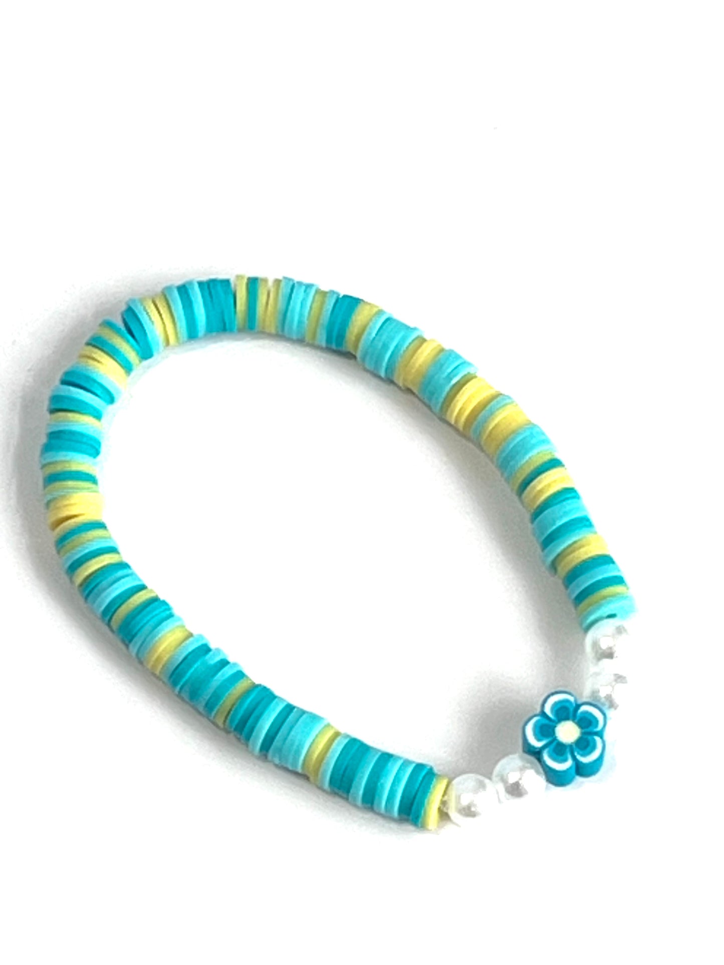 Turquoise and Yellow Clay Bead Bracelet with Flower Charm