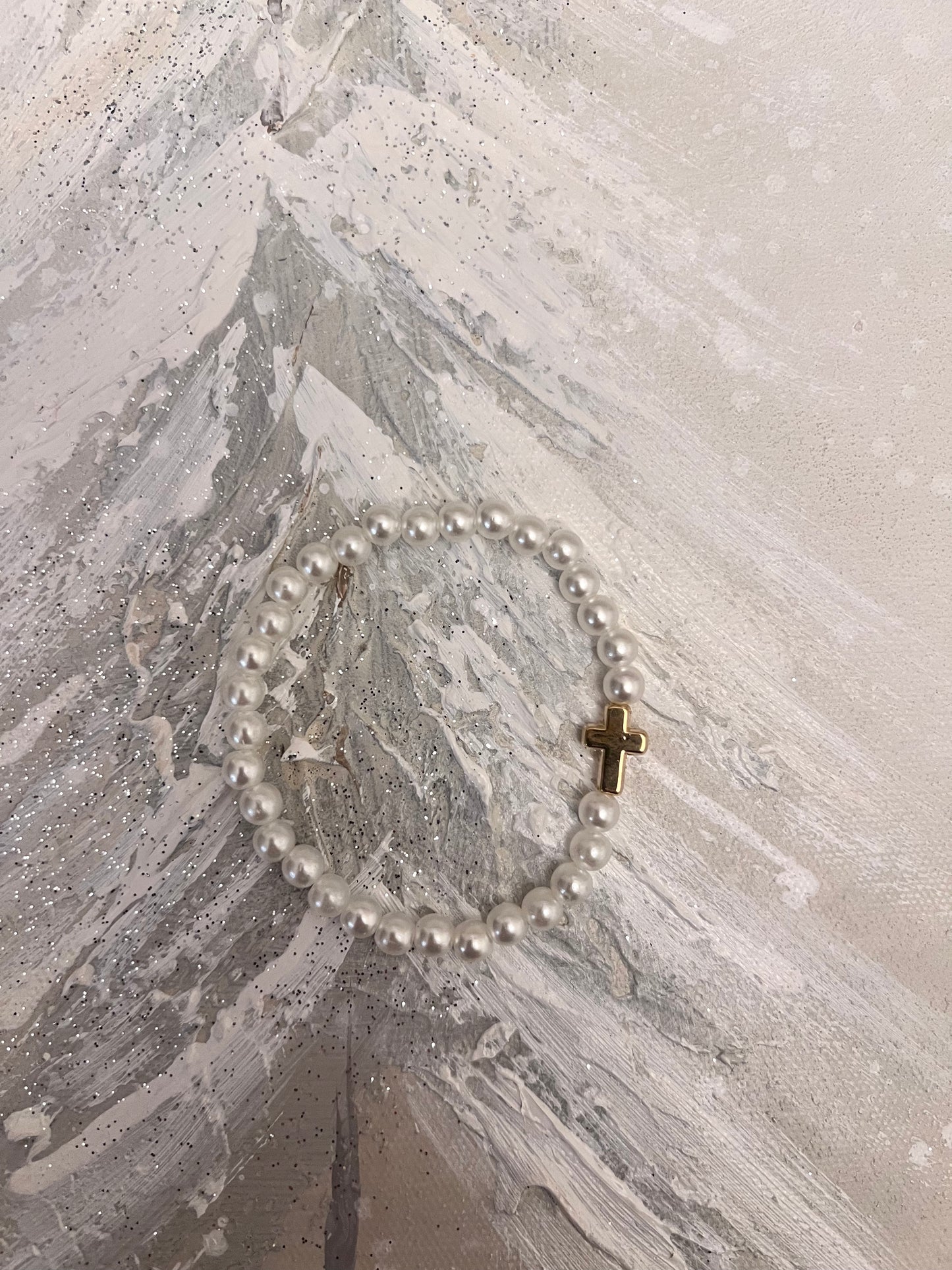 Grace and Faith: Pearl Bracelet with Gold Cross Charm