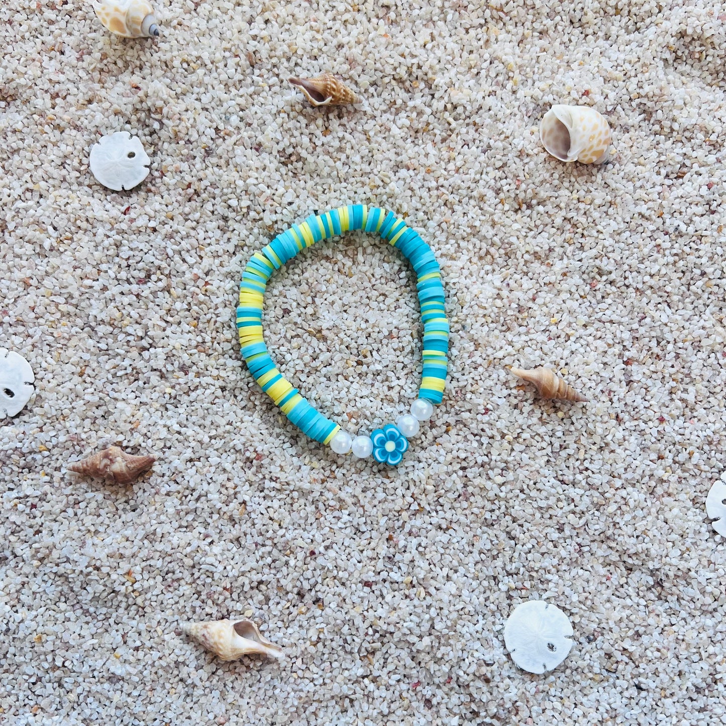 Turquoise and Yellow Clay Bead Bracelet with Flower Charm
