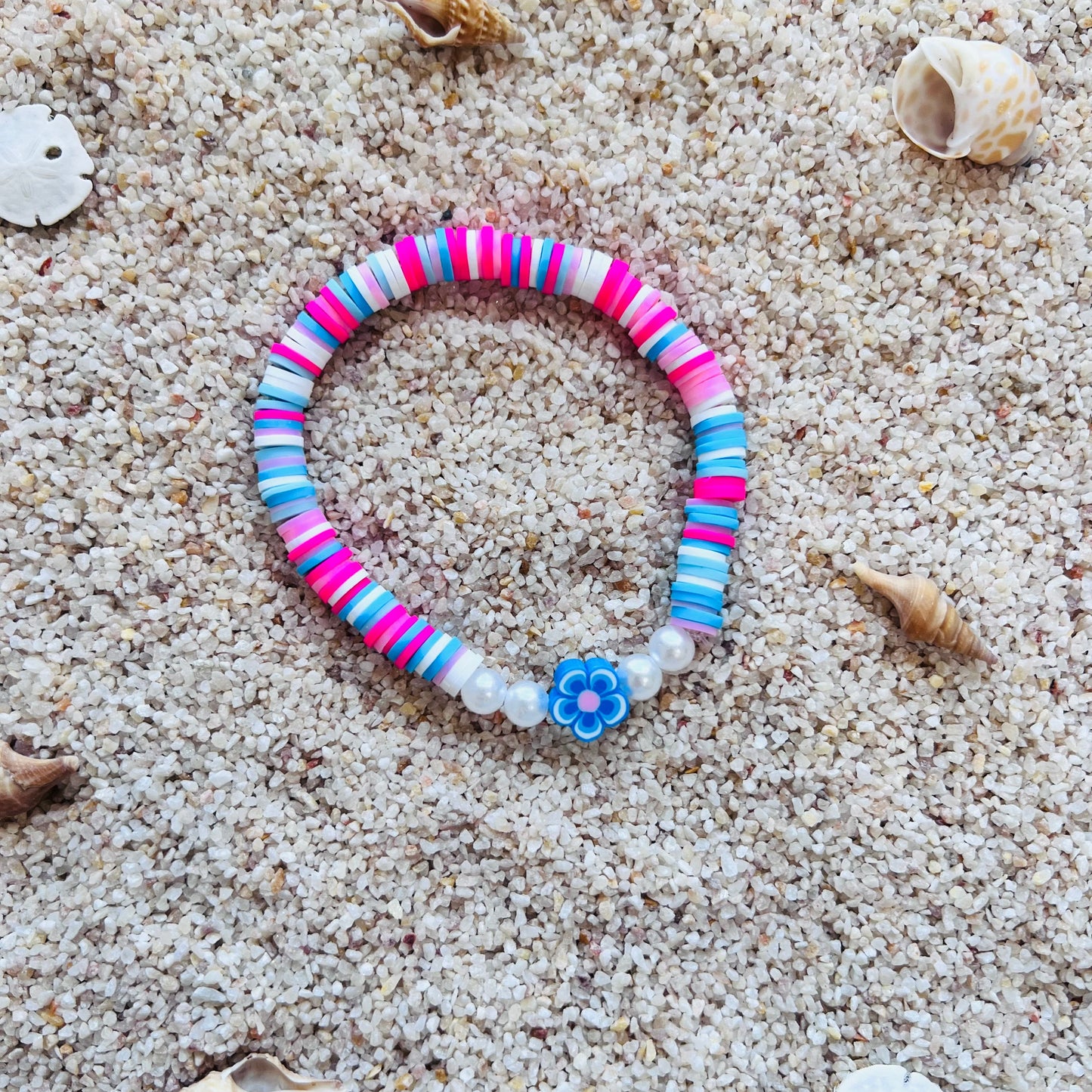 Seaside Petal Heishi Bracelet - Fun Pink & Blue Beach Jewelry