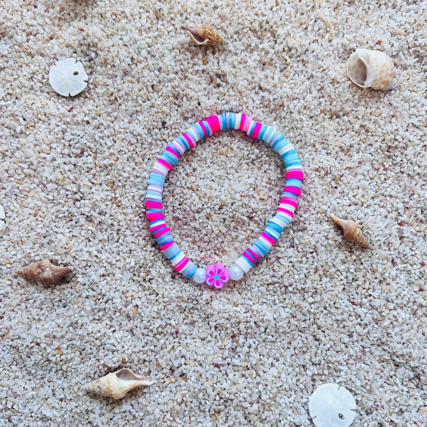 Tropical Bloom Heishi Bracelet - Pink & Blue Beach Style
