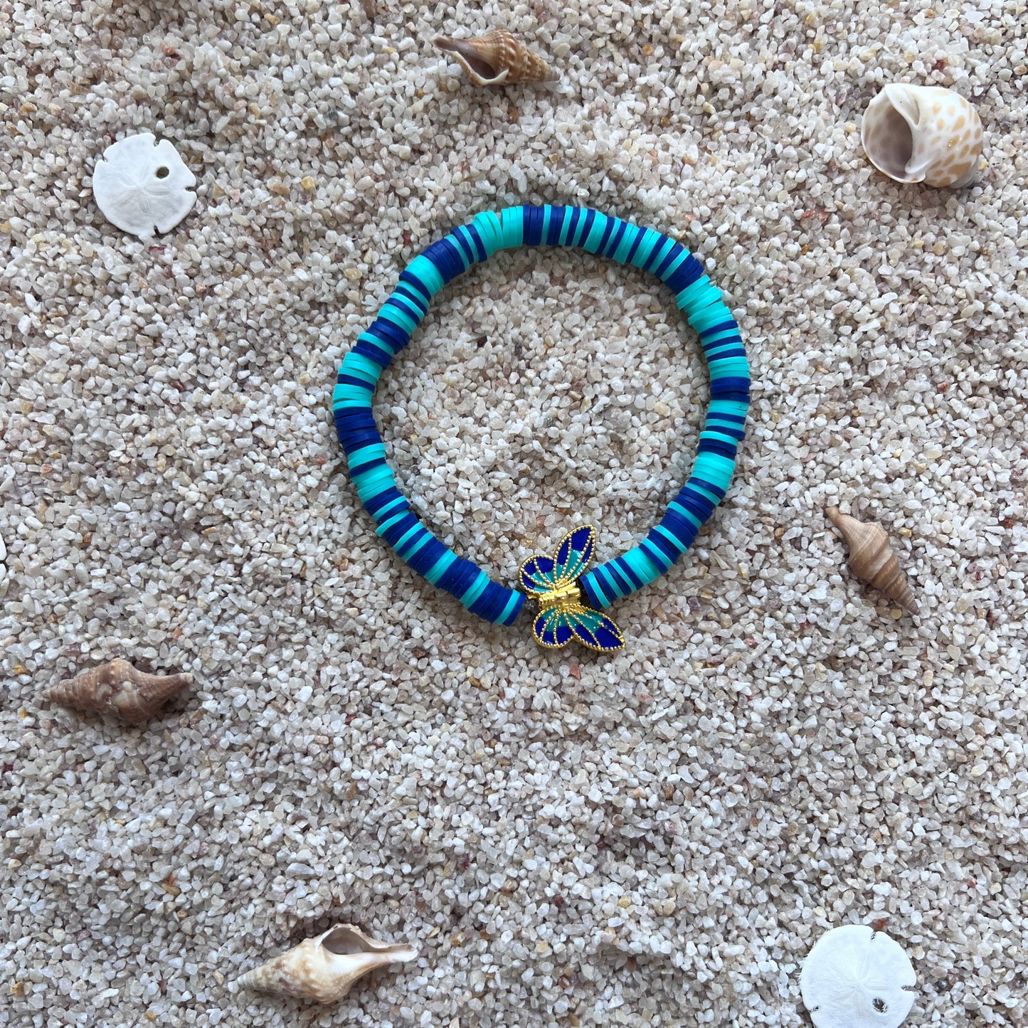 Blue & Turquoise Clay Bead Bracelet with Gold Butterfly Charm