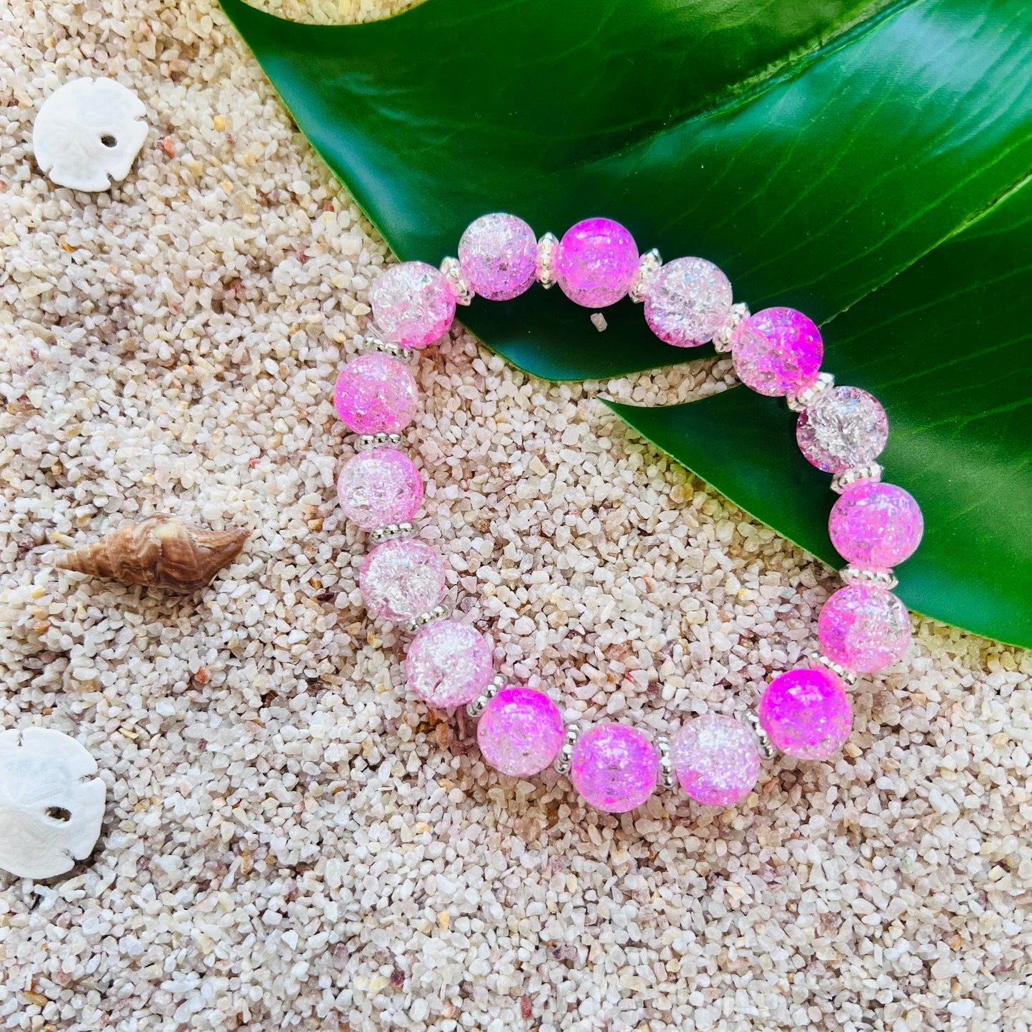 Sparkling Pink Crackle Glass Beaded Bracelet