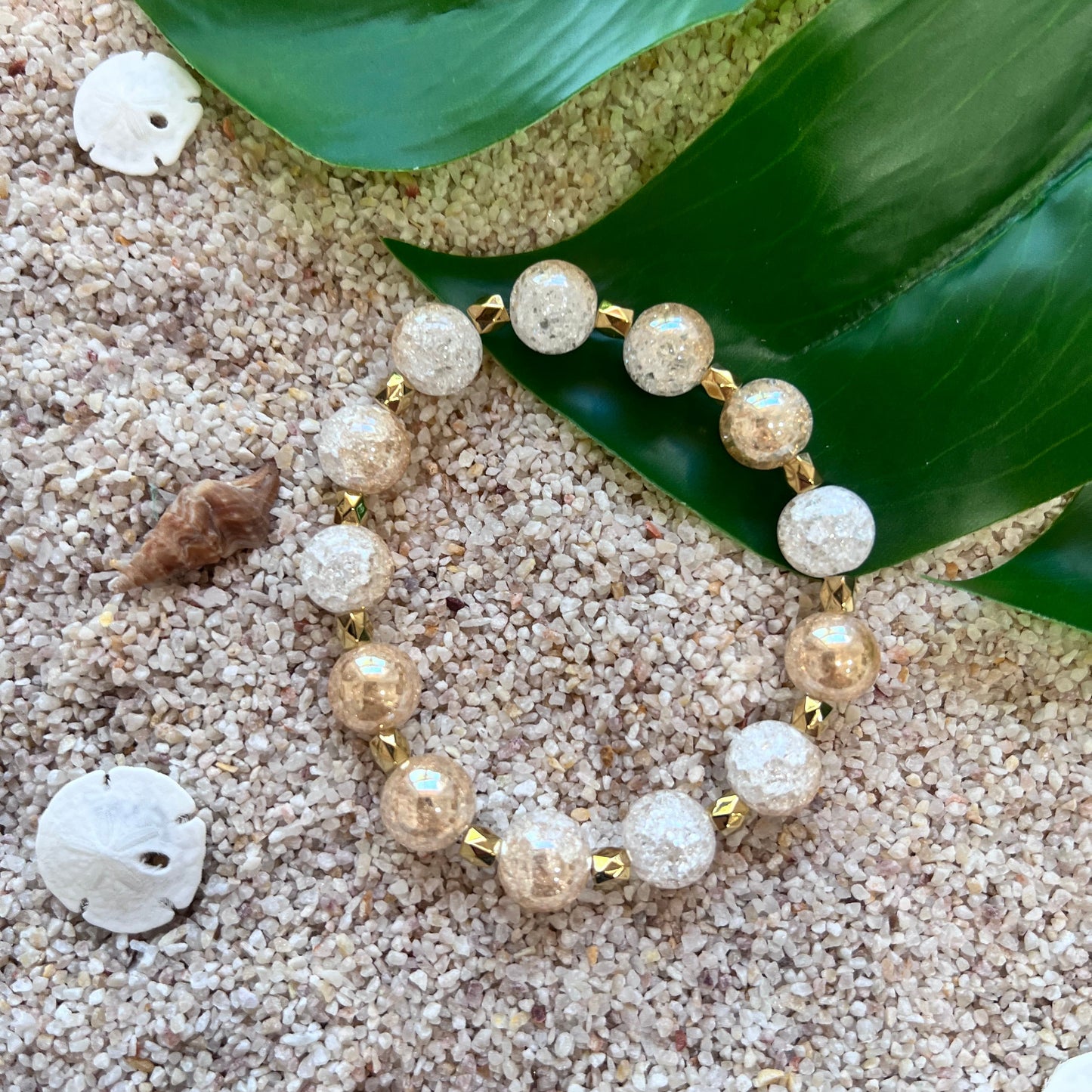 Champagne & Clear Crackle Glass Beaded Bracelet