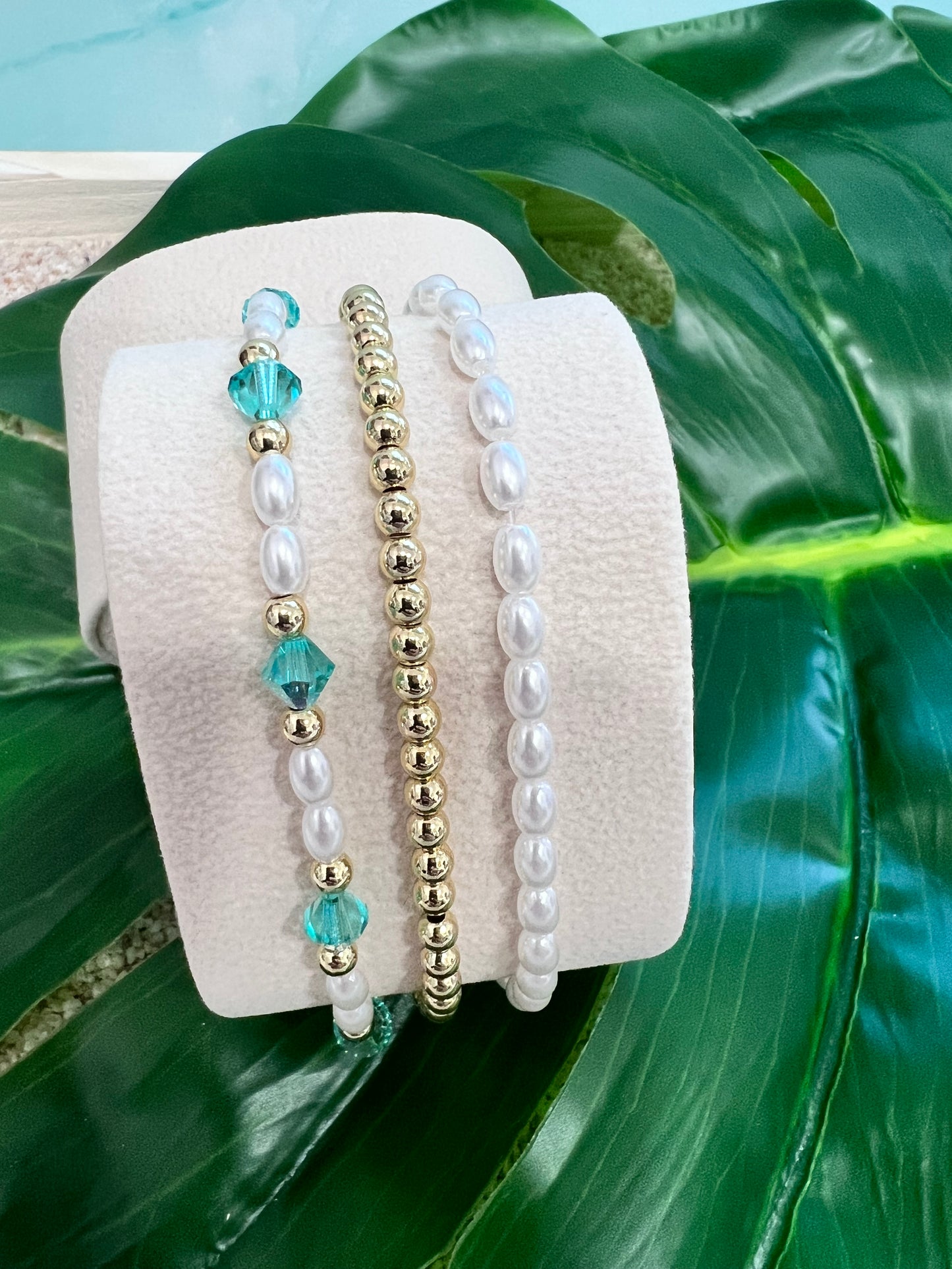 Caribbean Dream Pearl & Gold Stack Bracelet 3 Piece Set
