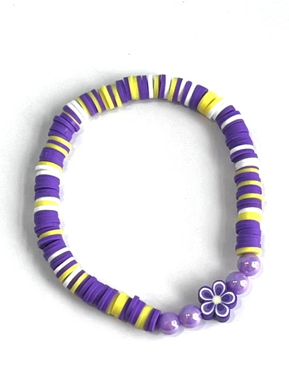 Purple and Yellow Flower Clay Bead Bracelet