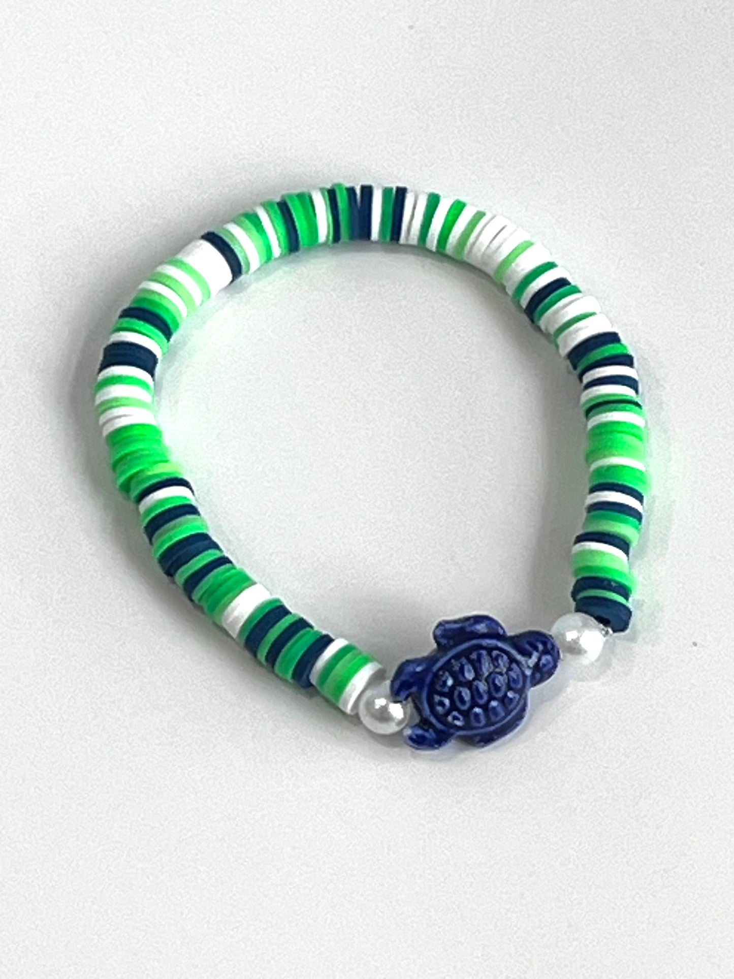 Ocean Explorer Turtle Bracelet – Green, Navy & White Beaded Stretch