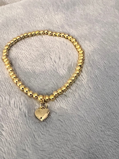 Gold Beaded Stretch Bracelet with Dainty Puffy Heart Charm