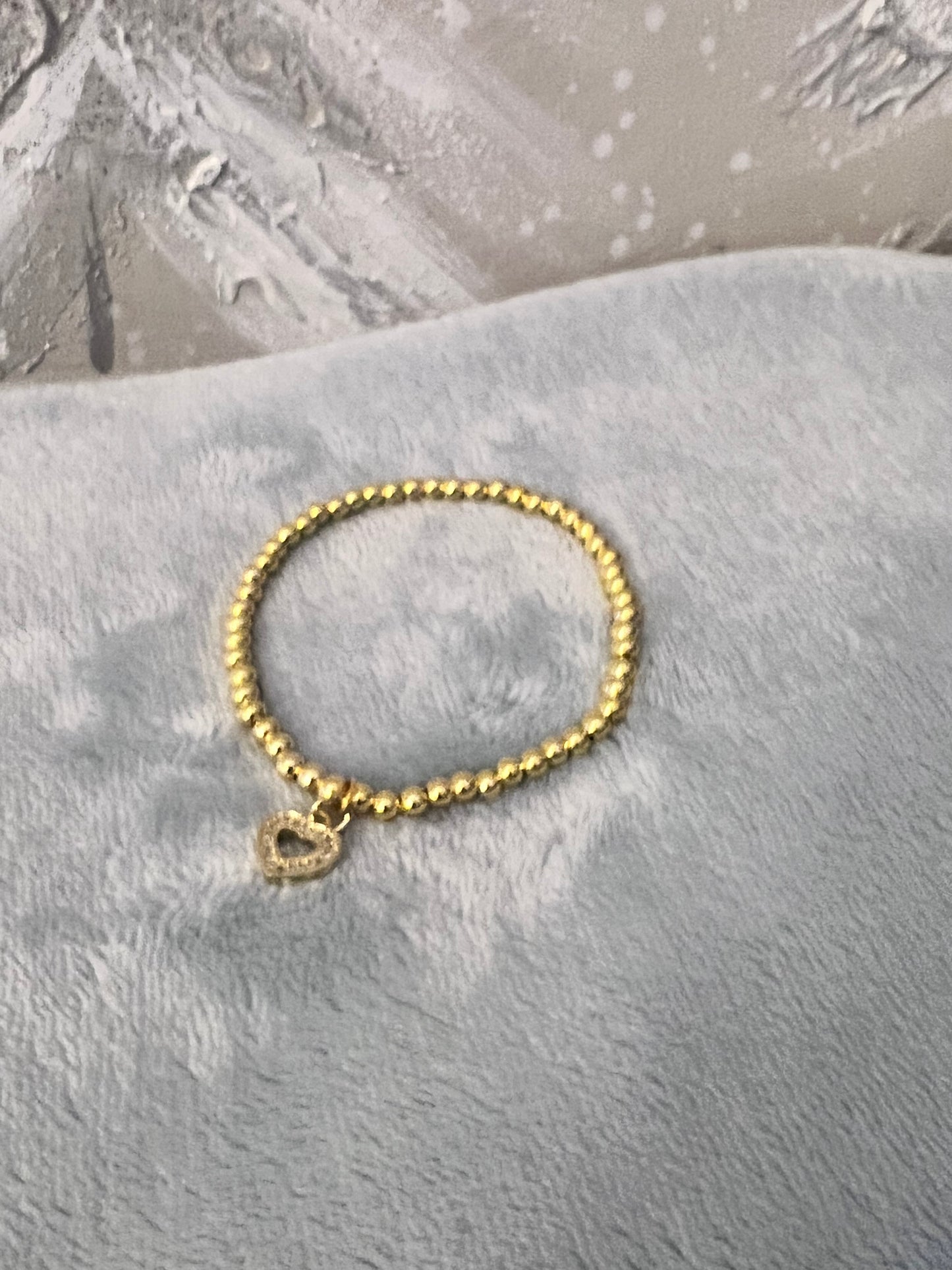 Gold Plated Beaded Stretch Bracelet with Pave Open Heart Charm