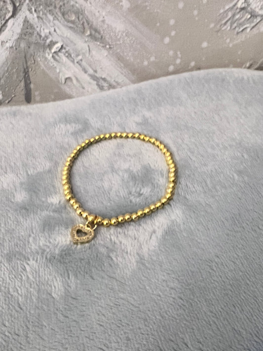 Gold Plated Beaded Stretch Bracelet with Pave Open Heart Charm