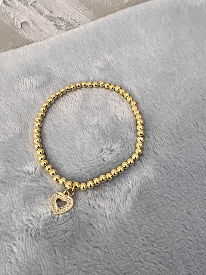 Gold Plated Beaded Stretch Bracelet with Pave Open Heart Charm