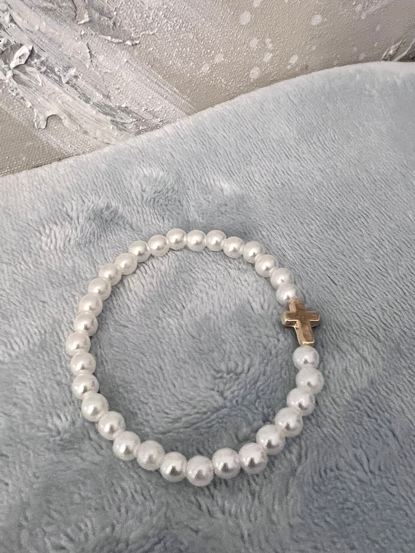 Grace and Faith: Pearl Bracelet with Gold Cross Charm
