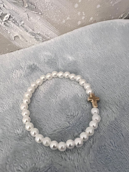 Grace and Faith: Pearl Bracelet with Gold Cross Charm