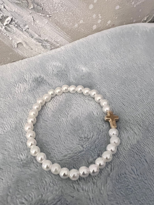 Grace and Faith: Pearl Bracelet with Gold Cross Charm