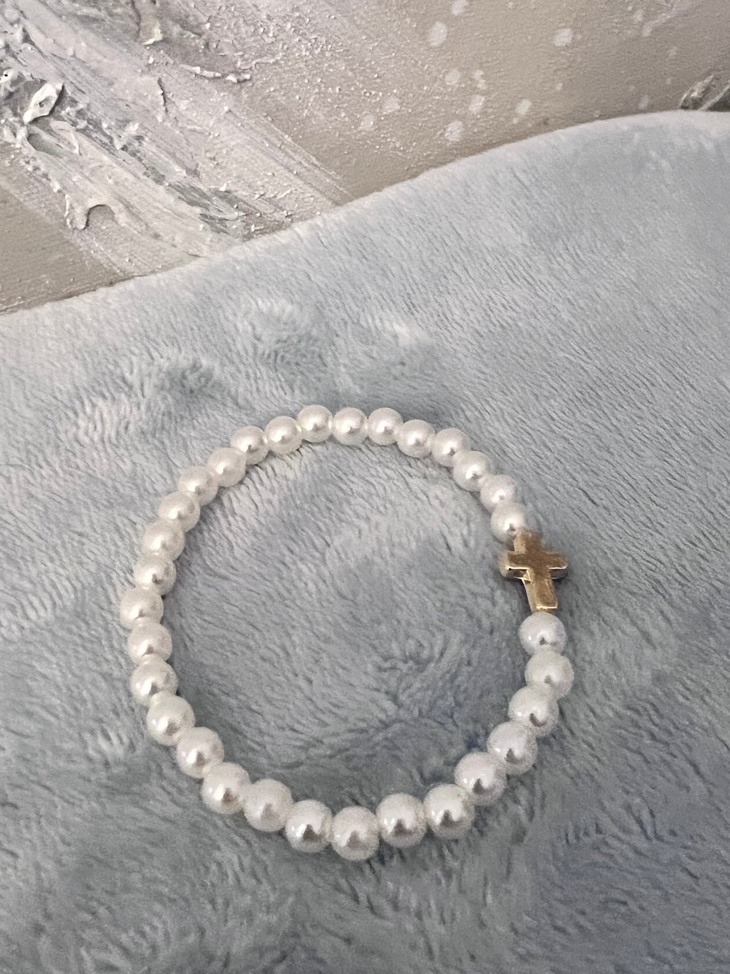 Grace and Faith: Pearl Bracelet with Gold Cross Charm