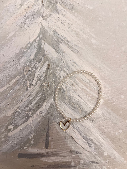 Dainty Pearl Stretch Bracelet with Gold Open Heart Charm