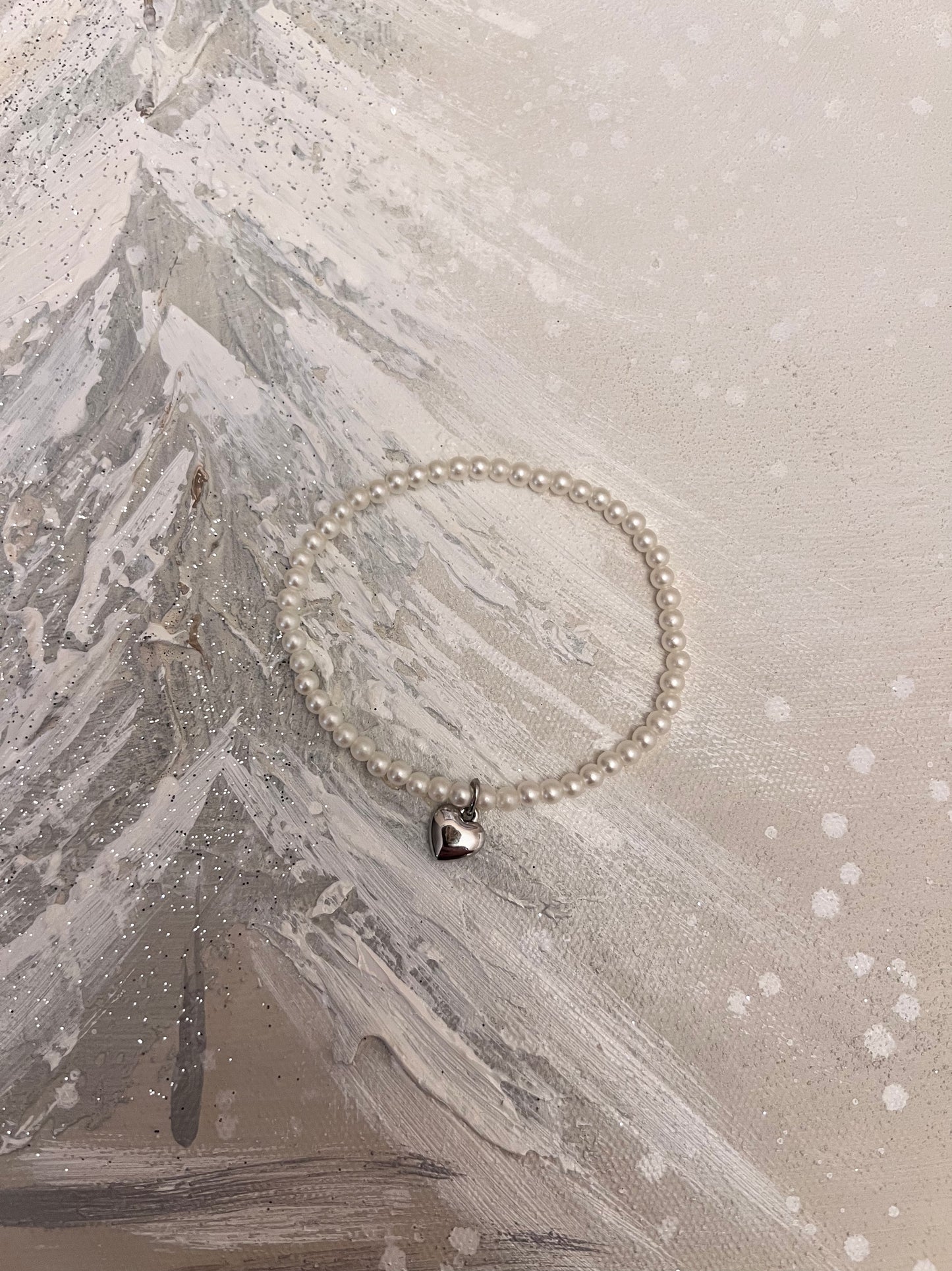 Pearl Stretch Bracelet with Silver Puffy Heart Charm