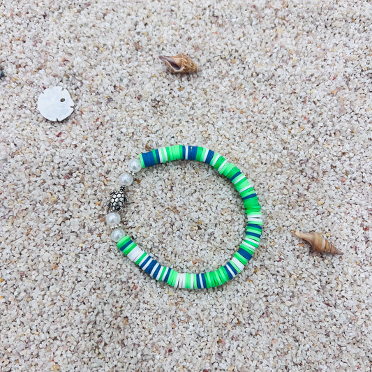 Coastal Vibes Heishi Bead Bracelet with Turtle Charm - Green & Blue Beach Jewelry