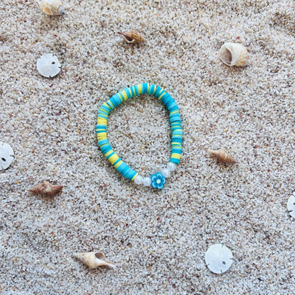 Turquoise and Yellow Clay Bead Bracelet with Flower Charm