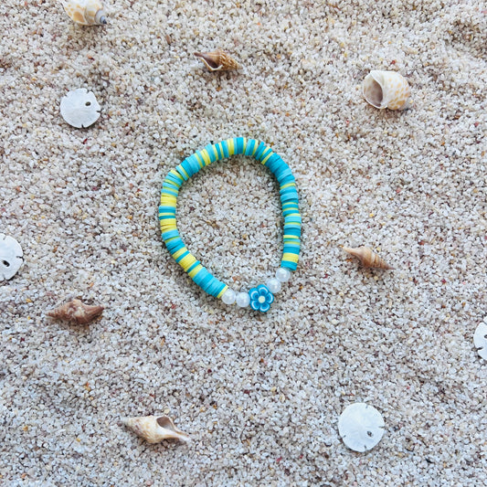 Turquoise and Yellow Clay Bead Bracelet with Flower Charm