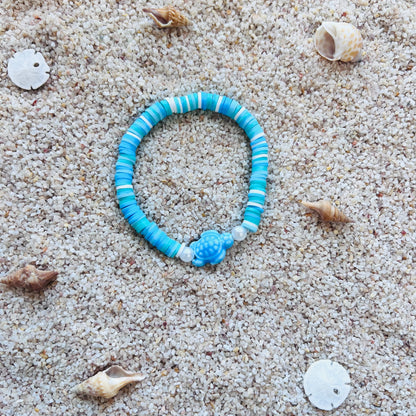 Sea Breeze Turtle Bracelet – Aqua Blue & White Beaded Stretch