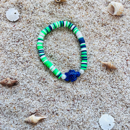 Ocean Explorer Turtle Bracelet – Green, Navy & White Beaded Stretch