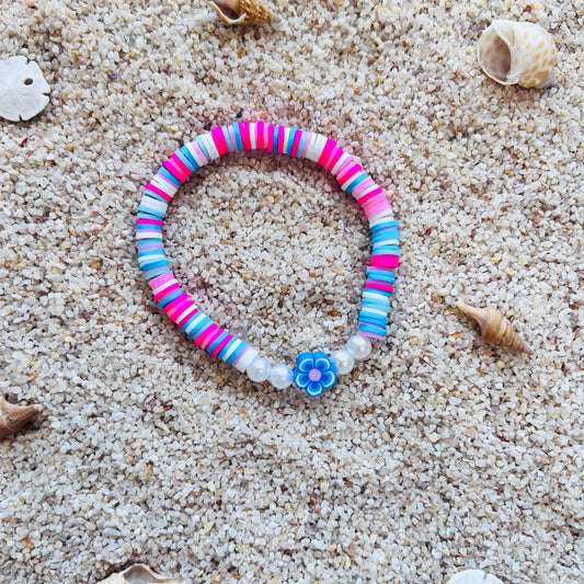 Seaside Petal Heishi Bracelet - Fun Pink & Blue Beach Jewelry