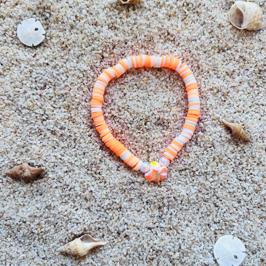 Sunset Citrus Heishi Bracelet - Beachy Orange & White