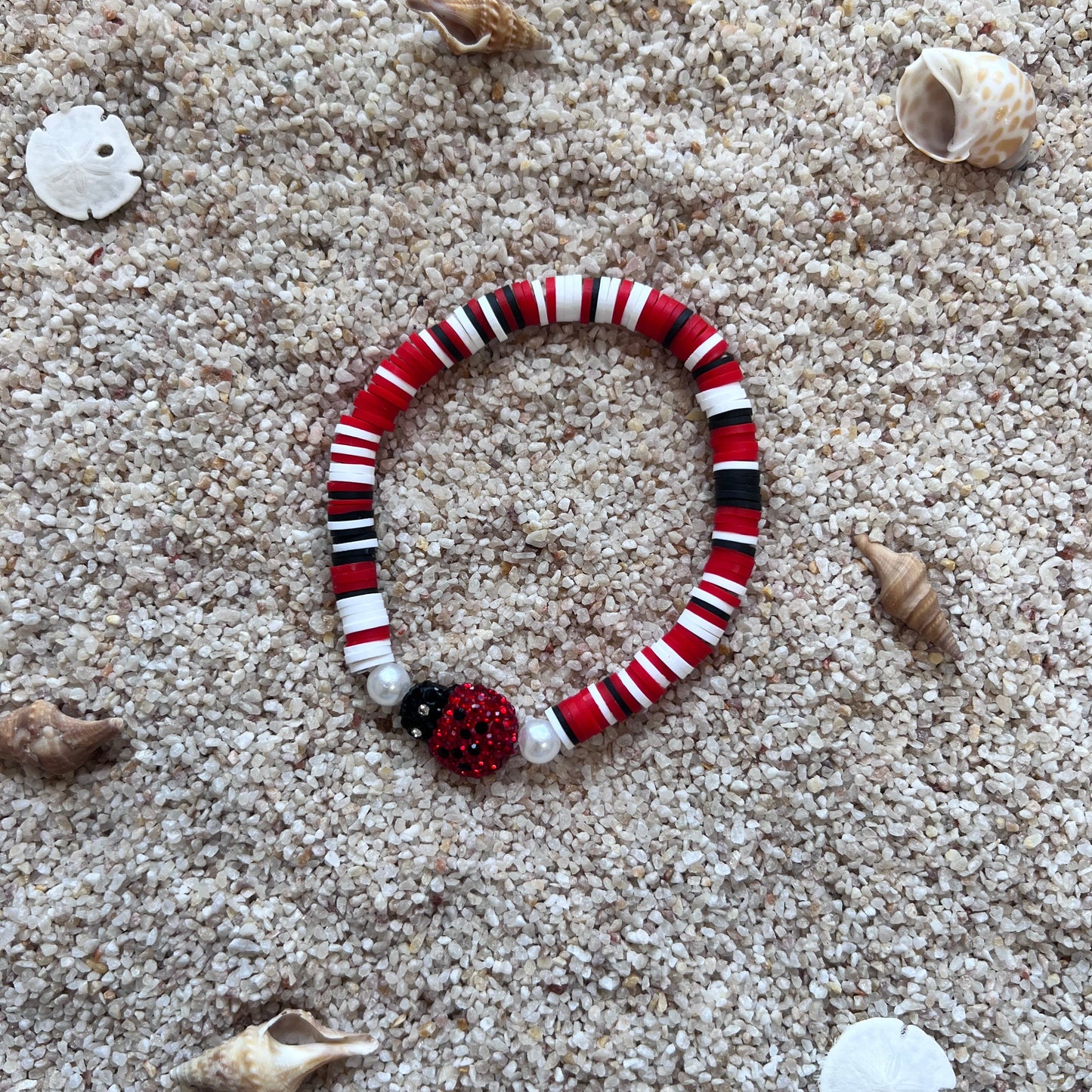 Lucky Ladybug Charm Bracelet – Red, Black & White Beaded Stretch