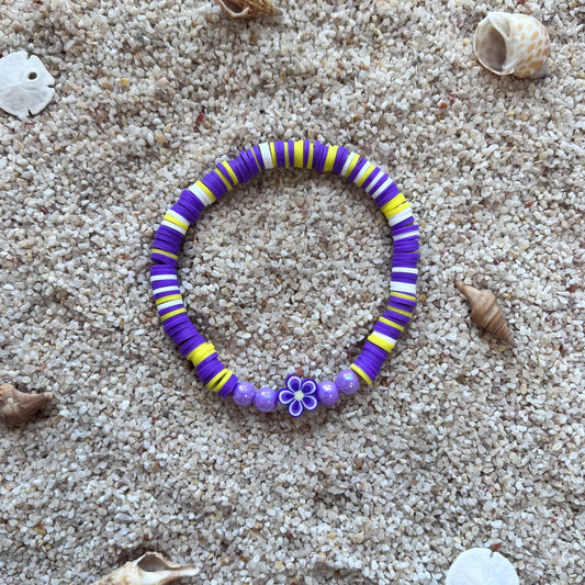 Purple and Yellow Flower Clay Bead Bracelet