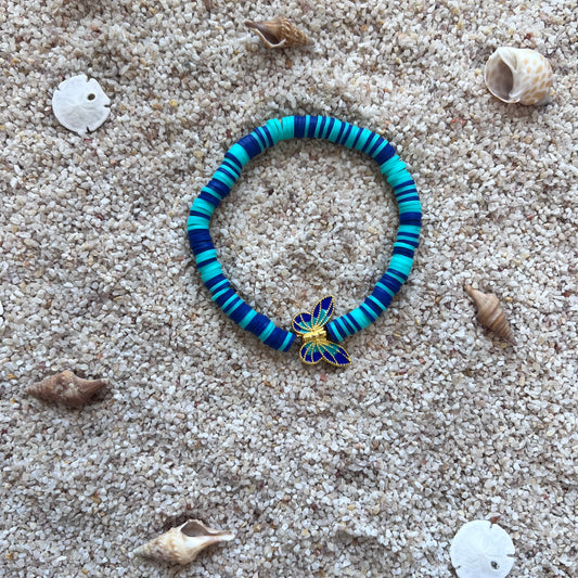 Blue & Turquoise Clay Bead Bracelet with Gold Butterfly Charm