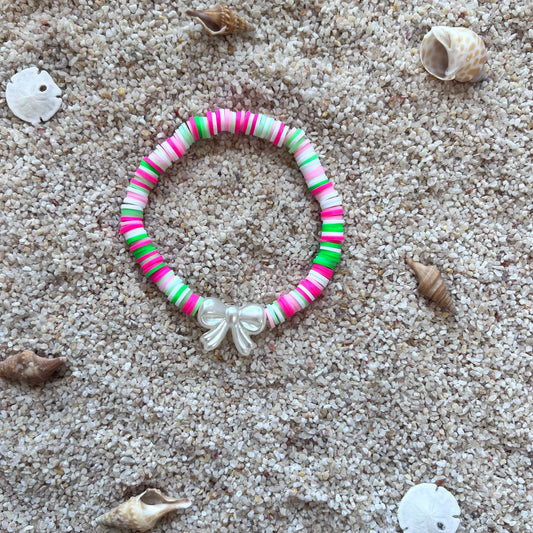 Cute Pink, Green & White Bow Beach Beaded Bracelet
