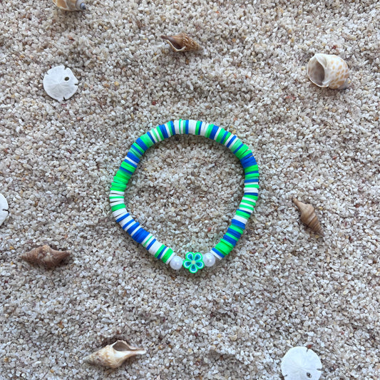 Tropical Flower Green, Blue & White Beach Beaded Bracelet