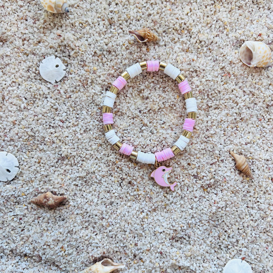 Adorable Dolphin Pink & White Beach Beaded Bracelet