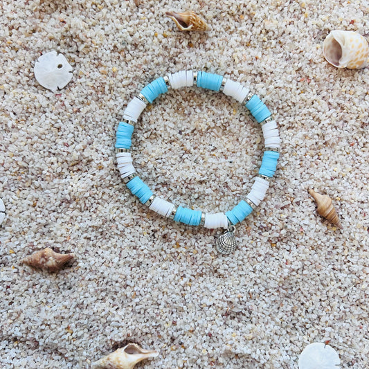 Seaside Shell Charm Blue & White Beach Beaded Bracelet