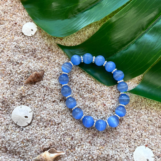 Blue Cat's Eye & Silver Glass Beaded Bracelet