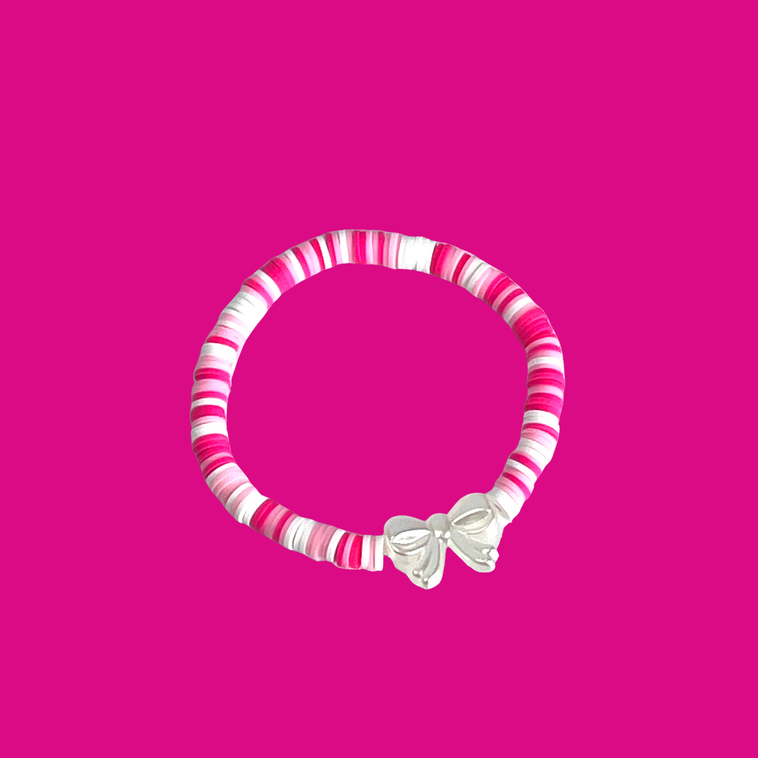 Sweetheart Pink Bow Clay Bead Stretch Bracelet